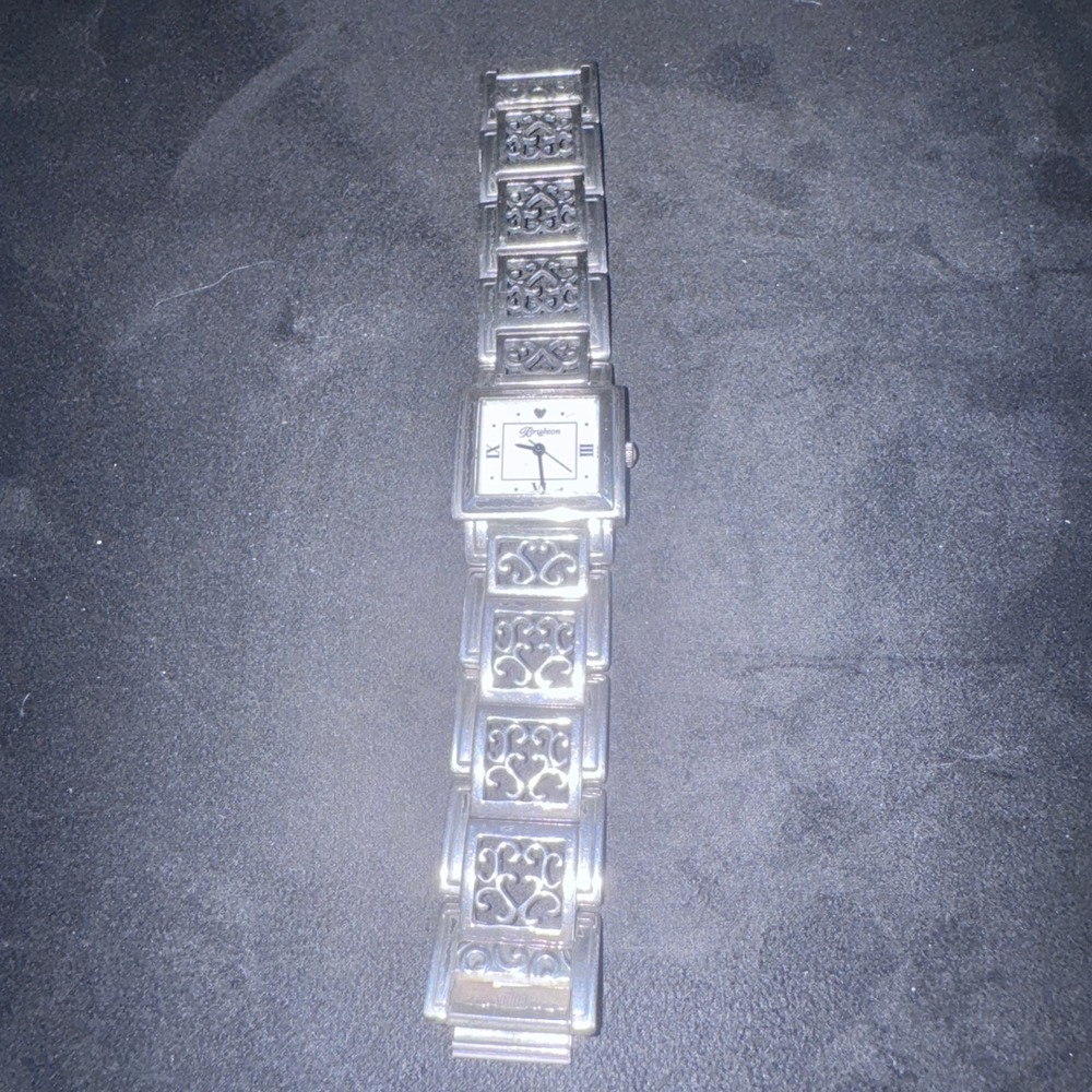 Brighton Artesia Silver Tone Square Face Scroll Work Link Bracelet Watch Womens
